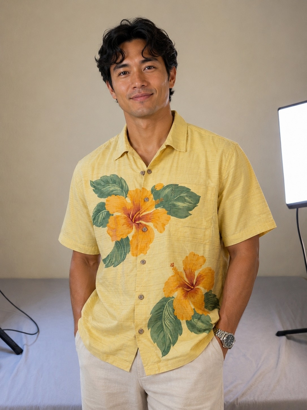 Tommy Bahama Men's Yellow Floral Short-Sleeve Button-Up Shirt